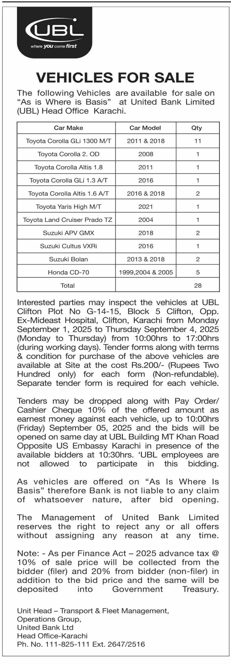 United Bank Limited Karachi Tender Notice